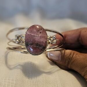 Handcrafted Pink Stone Silver Cuff Bracelet